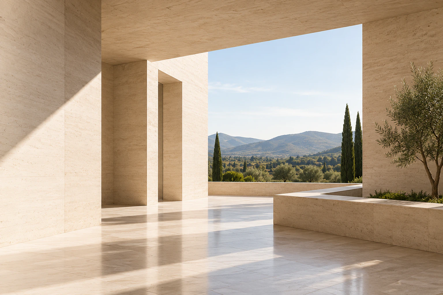 Architecture contemporaine en pierre claire ouverte sur un paysage naturel